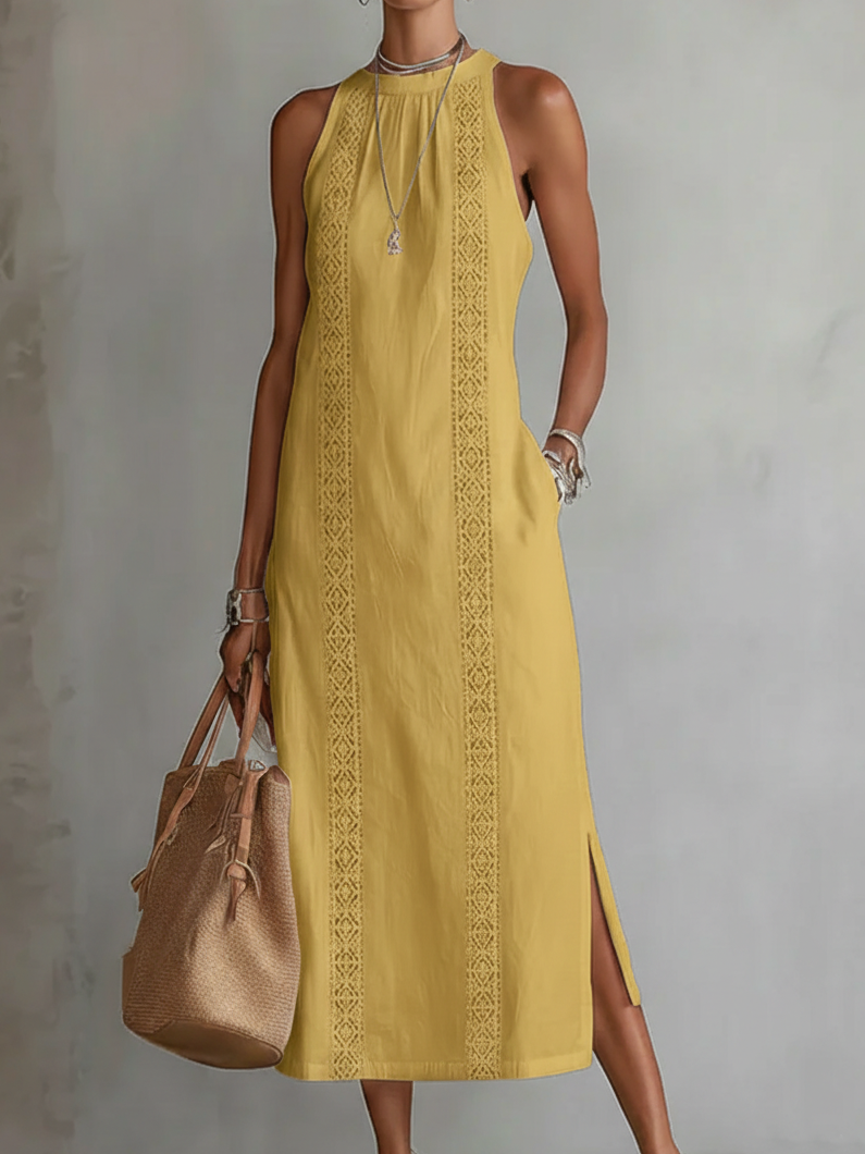 Women's Sleeveless Lace Accent Flattering Midi Dress