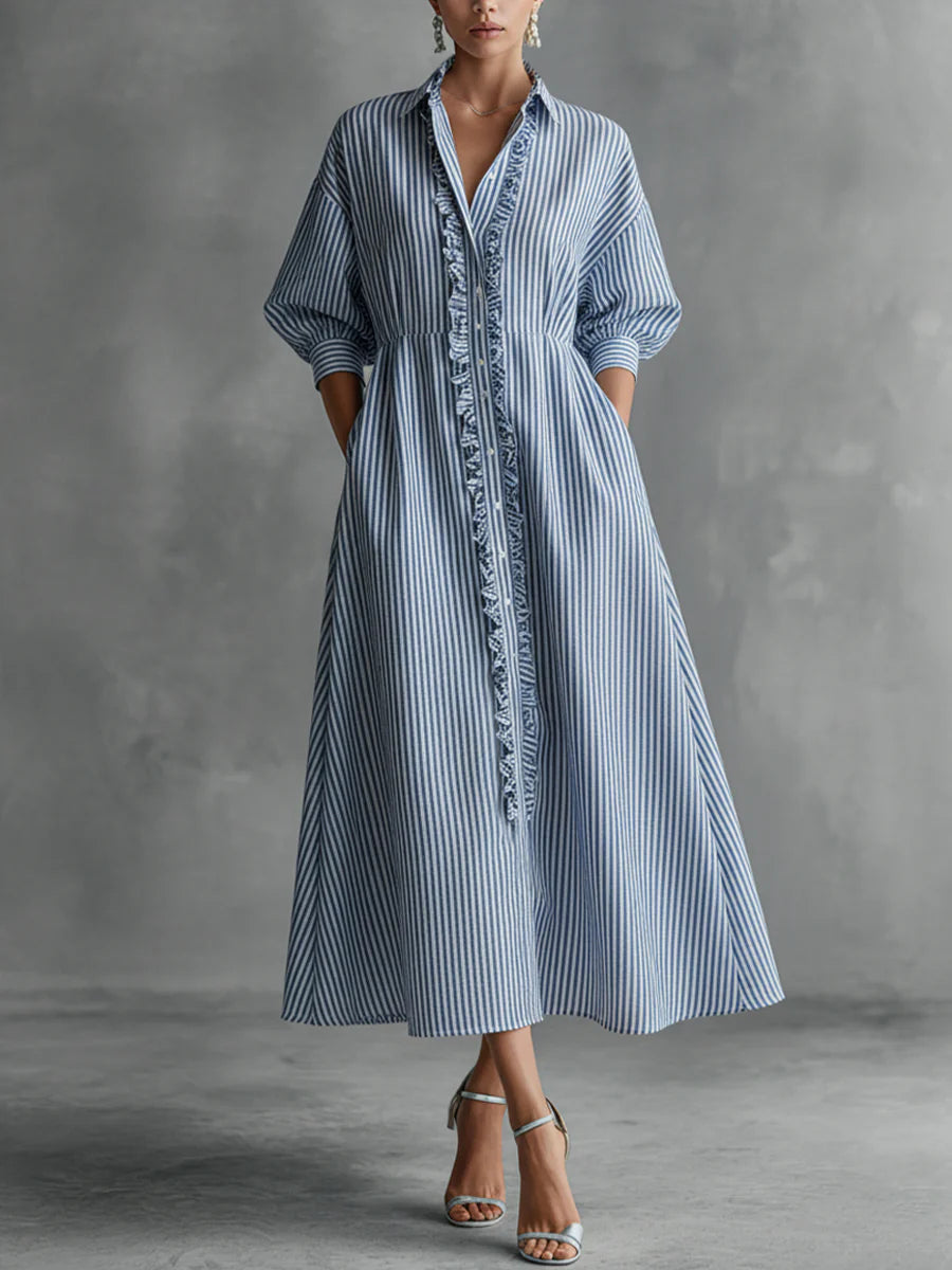 Women's Striped Button Front Ruffle Maxi Dress