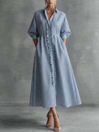 Women's Striped Button Front Ruffle Maxi Dress