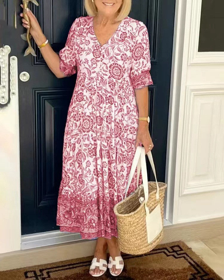 Women's Elegant V-Neck Floral Dress