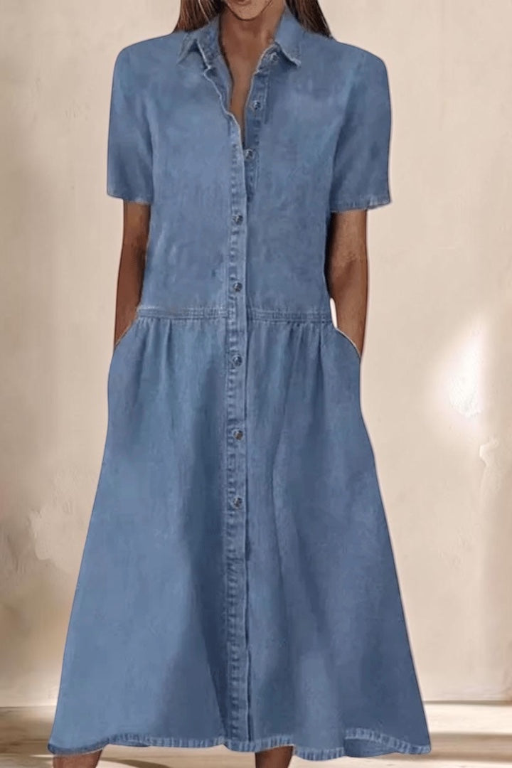 Women's Button Front Short Sleeve Midi Dress